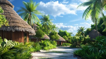 Wall Mural - Tropical Resort with Thatched Roofs: 