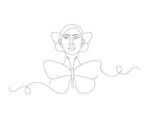 Continuous one line drawing of  beautiful woman face with butterfly. Girl outline vector illustration with active stroke, lady in one line style isolated on white background