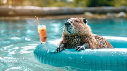 Happy beaver resting on a mattress with a cocktail and a straw in its paws. Abstract illustration of a beaver.