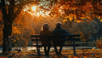 Wall Mural - Two people sitting on a bench in a park, enjoying the autumn sun