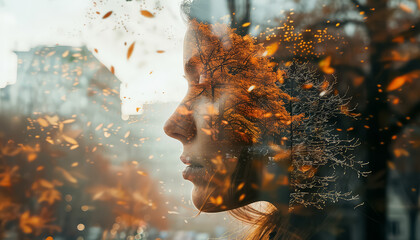 Wall Mural - A woman's face is blurred and distorted by leaves and other debris