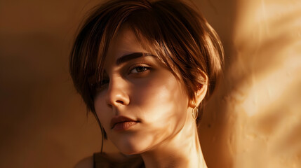 Canvas Print - Portrait of a beautiful brownhaired woman with a short haircut on a brown background : Generative AI