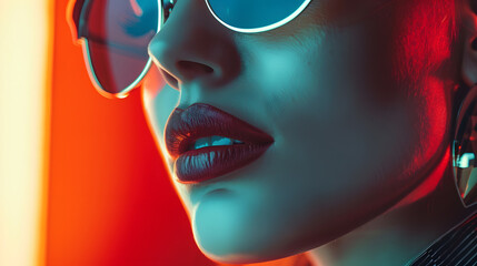 Canvas Print - High fashion lookglamor closeup portrait of beautiful sexy stylish mode in sun glasses  with perfect clean skin in studio : Generative AI