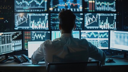 Wall Mural - business professional analyzing stock market trends on multiple monitors, emphasizing future trading strategies and investments