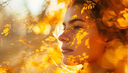 Wall Mural - A woman's face is shown in a photo with leaves surrounding her