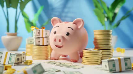 Canvas Print - A 3D cartoon piggy bank surrounded by money and coins on a white surface.