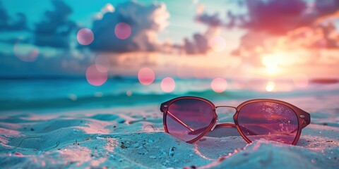 Wall Mural - Pair of pink sunglasses lying in the sand on the beach. The view is bright with a backdrop of blue sea sparkling in the sunlight during the day