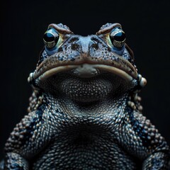 A close-up photo of a frog sitting on a black background