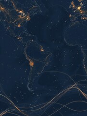 Poster - A simple, minimalist image of a globe with continental outlines and golden lines. The dark blue background creates a sense of depth and sophistication. Generative AI