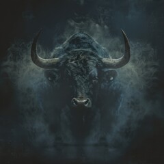 Sticker - A majestic bull stands in the shadows, its massive horns illuminated by faint light