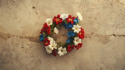 Wall Mural - Basic Memorial Day decoration featuring a lone wreath of red, white, and blue flowers on a neutral surface.