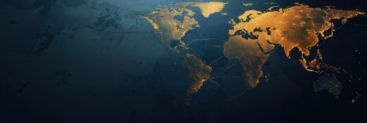 Poster - A simple, clean-lined illustration of a globe with continents in gold against a dark blue background. Perfect for travel agency websites and marketing materials. Generative AI