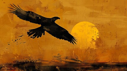 Wall Mural - Illustration of a lone eagle in flight against a golden sunset.