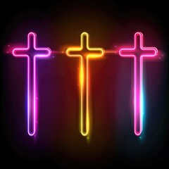 Wall Mural - Three glowing neon crosses on a dark or dimly lit background, ideal for use in scenes related to spirituality, faith, or mystery