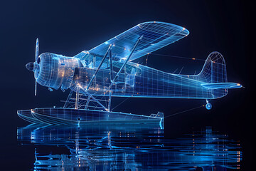 A silhouette logo of a vintage biplane with two stacked wings, soaring through the sky, showcasing classic aviation design and history, in wireframe style on a dark blue background