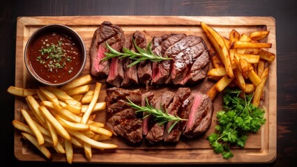 Wall Mural - Steak and French fries on a wooden board. Promotional photo.