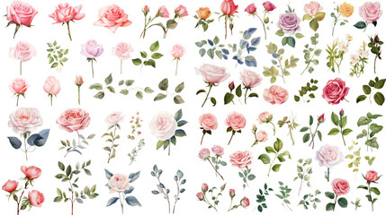 Wall Mural - set of watercolor rose painting isolated on clear png background and transparent background. fresh a