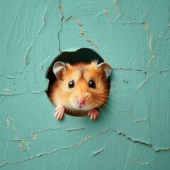 Canvas Print - A small hamster looks out of a hole in a wall, curious about the outside world