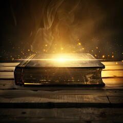 Wall Mural - A book with a bright light emanating from it, placed on a wooden table