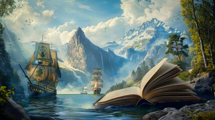 Wall Mural - An open magic book with a fairy tale landscape in background