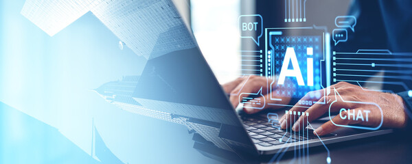 Mans hands typing on a laptop with AI-themed hologram graphics on a city background, representing AI chat and bot concepts