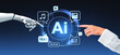 © ImageFlow - Human and robot finger touch, AI chat bot and creative services icons hologram
