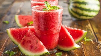 Wall Mural - Fresh watermelon smoothie surrounded by slices of juicy watermelon on rustic wooden table