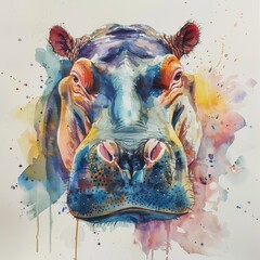 Wall Mural - A whimsical watercolor illustration of a hippopotamus, perfect for adding a touch of wildlife charm to your designs
