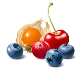 Wall Mural - Physalis, cherry, blueberry and cranberry berries isolated on white background. Exotic mix