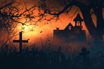 Wall Mural - Halloween Night with Haunted Graveyard Layout Background