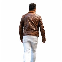 Wall Mural - A person wearing a brown leather jacket walks down the street, possibly heading to work or going for a stroll