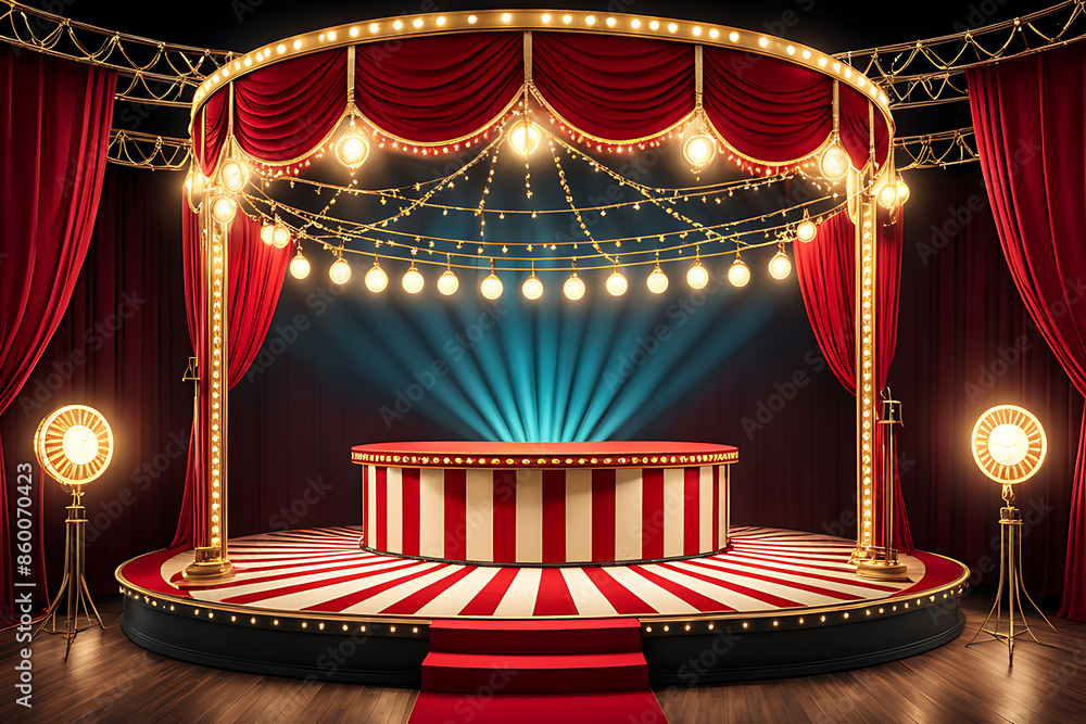 Circus stage podium background 3D carnival light red show curtain ...