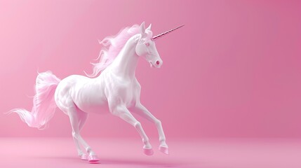 Sticker - A white unicorn with a pink mane and tail stands on a pink background.