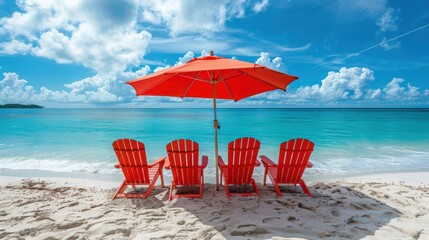 Wall Mural - Red chairs and an umbrella set up on a serene tropical beach with turquoise waters and a bright blue sky, perfect for relaxation.