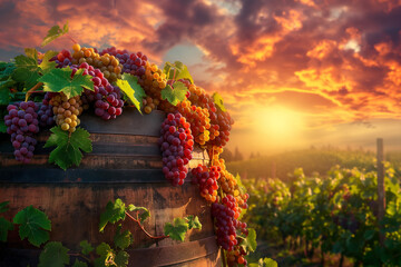 Grape on wine barrel outdoors at sunset garden .