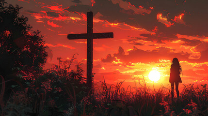 Cross symbol of faith and Christianity, colorful atmospheric religious illustration