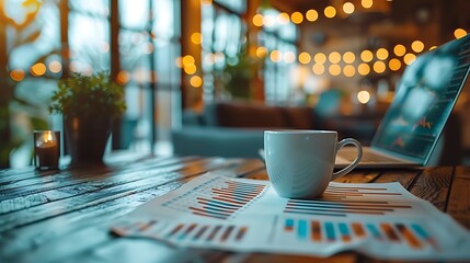 Wall Mural - A close-up of a financial analyst at a desk, laptop open, surrounded by detailed financial reports and charts, a cup of coffee, modern office setting, realistic lighting, vibrant and clear, hd quality