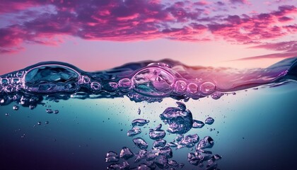 ai generative of beautiful sunset views with a charming violet theme and bubbles in the water
