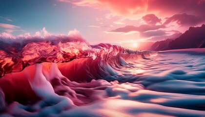 Wall Mural - ai generative of a view filled with red colors and waves and foam on the beautiful beach