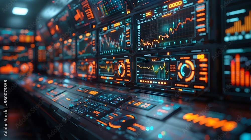 A detailed scene of AI-driven algorithmic trading, multiple screens ...