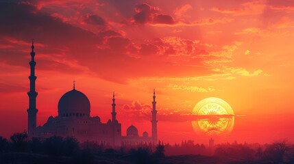 mosque silhouette against sunset sky, spiritual atmosphere, minimalist illustration