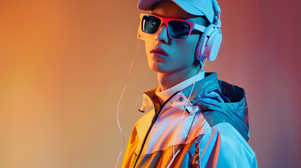 A young man in a sports jacket cap sunglasses with headphones and a player with batteries in the retro style of the 90s Vintage look in modern fashion The revival of old trends in a ne : Generative AI