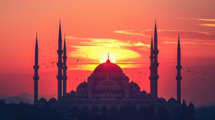 Wall Mural - mosque silhouette against sunset sky, spiritual atmosphere, minimalist illustration