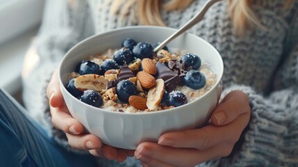 Healthy Breakfast Delight: Woman Enjoying Semolina Porridge with Blueberries, Chocolate, and Almonds