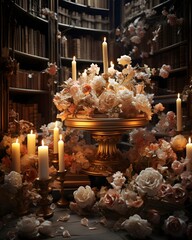Wall Mural - Vintage bookshelf with flowers and candles. 3d rendering