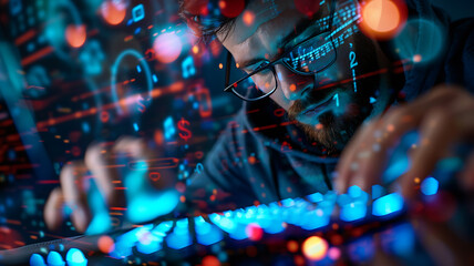 IT engineer with glasses, typing on a keyboard, with abstract digital elements and a simple background, emphasizing technical skills and modern technology