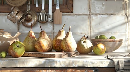 Wall Mural - Rustic Pears Arrangement in a Cozy Kitchen Setting with Natural Light - Farmhouse Fruit Photography