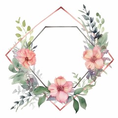 Wall Mural - Geometric pastel watercolor frame with pink flowers and green leaves. Hexagon picture frame decorated with pink flower. Modern botany concept for wedding invitation and home decor design. AIG35.