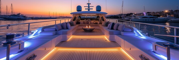 Wall Mural - A luxurious yacht, embodying wealth and private nautical elegance, cruising on the sea during sunset.