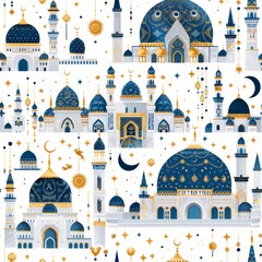 Wall Mural - A blue and white pattern of buildings with a sun and moon in the center